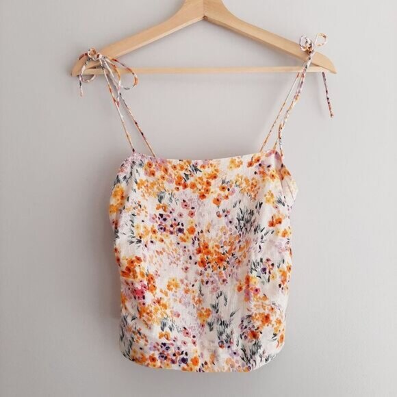 H&M 100% Linen Tie-Shoulder Floral Crop Fitted Camisole Top Smocked Back Sz XS - Picture 4 of 14